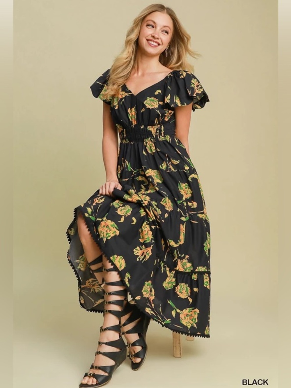 #153 Black Floral Maxi Dress with Ruffle Sleeves
